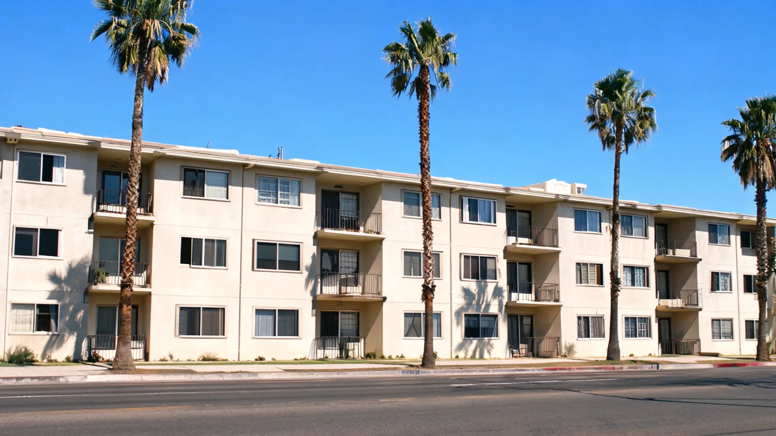 An older Los Angeles apartment building with palm trees