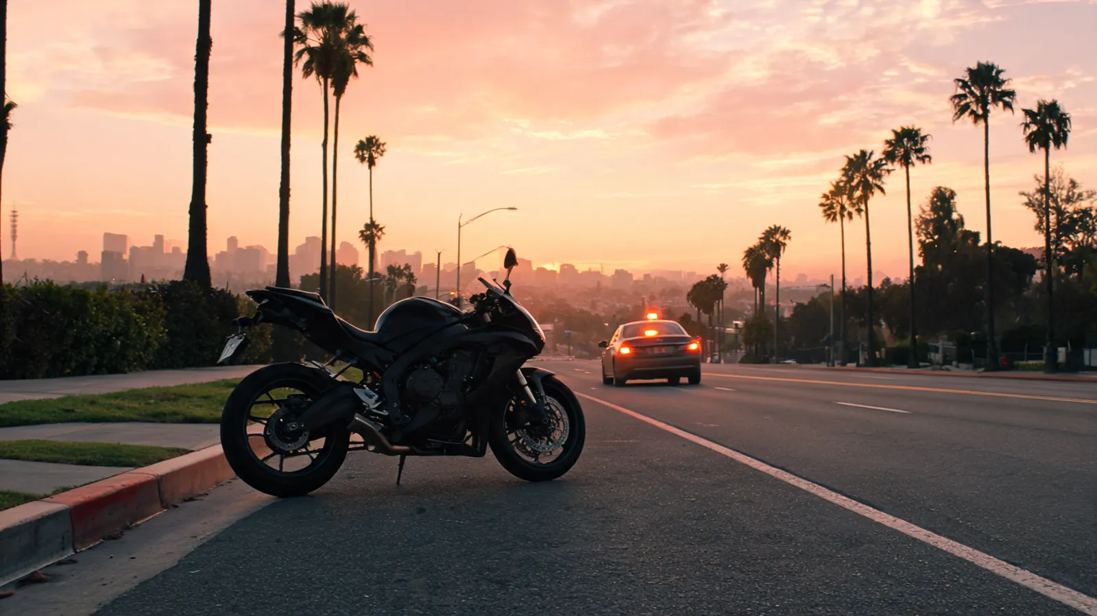 A motorcycle stopped safely on the shoulder of a Los Angeles road