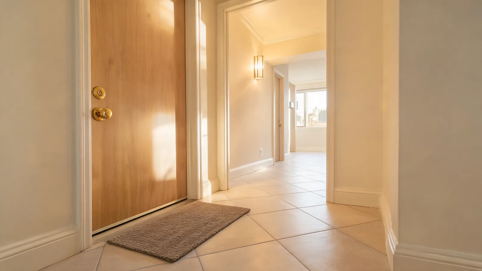 A closed apartment door with a deadbolt