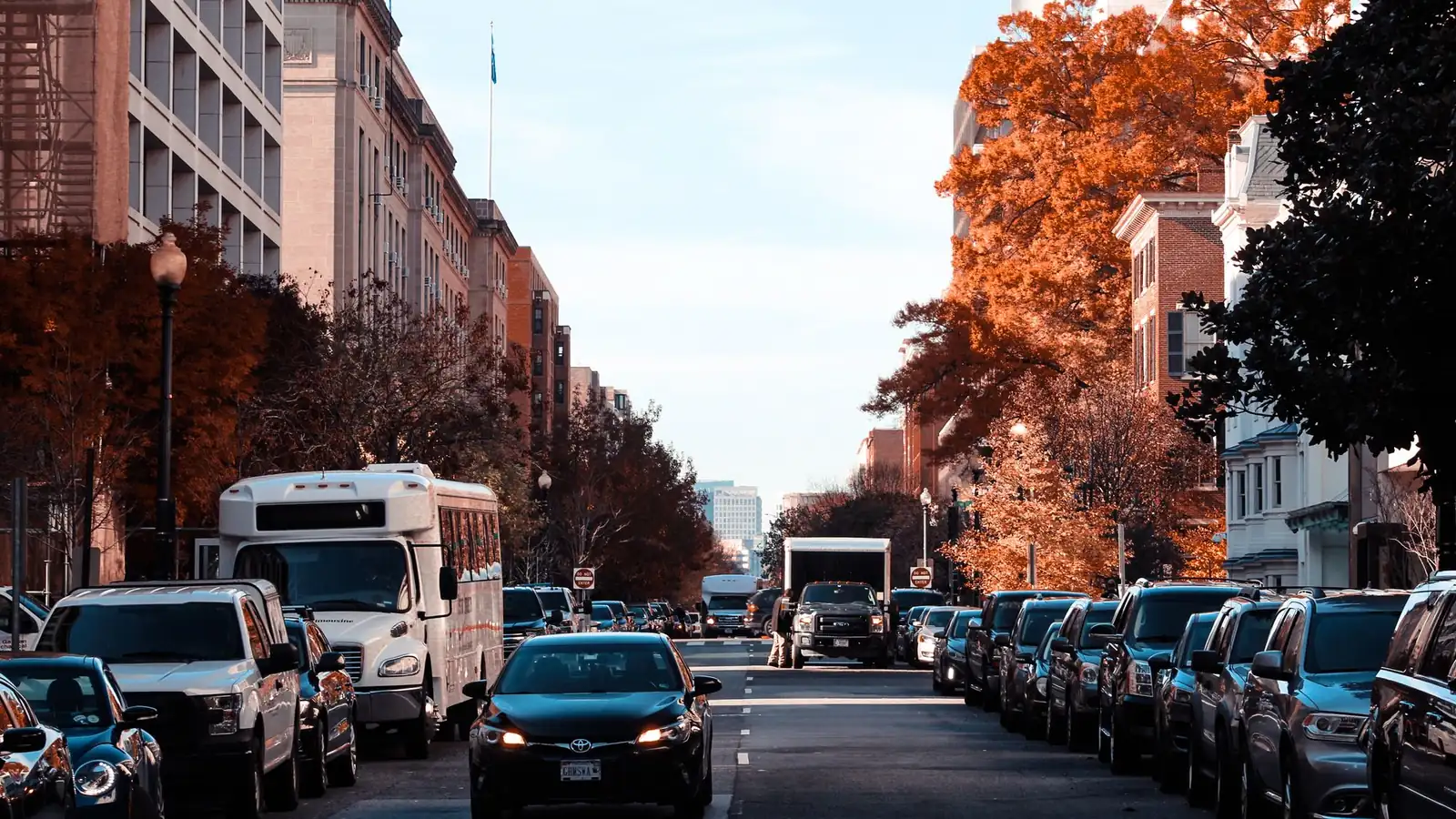 Cars lined up along a city street