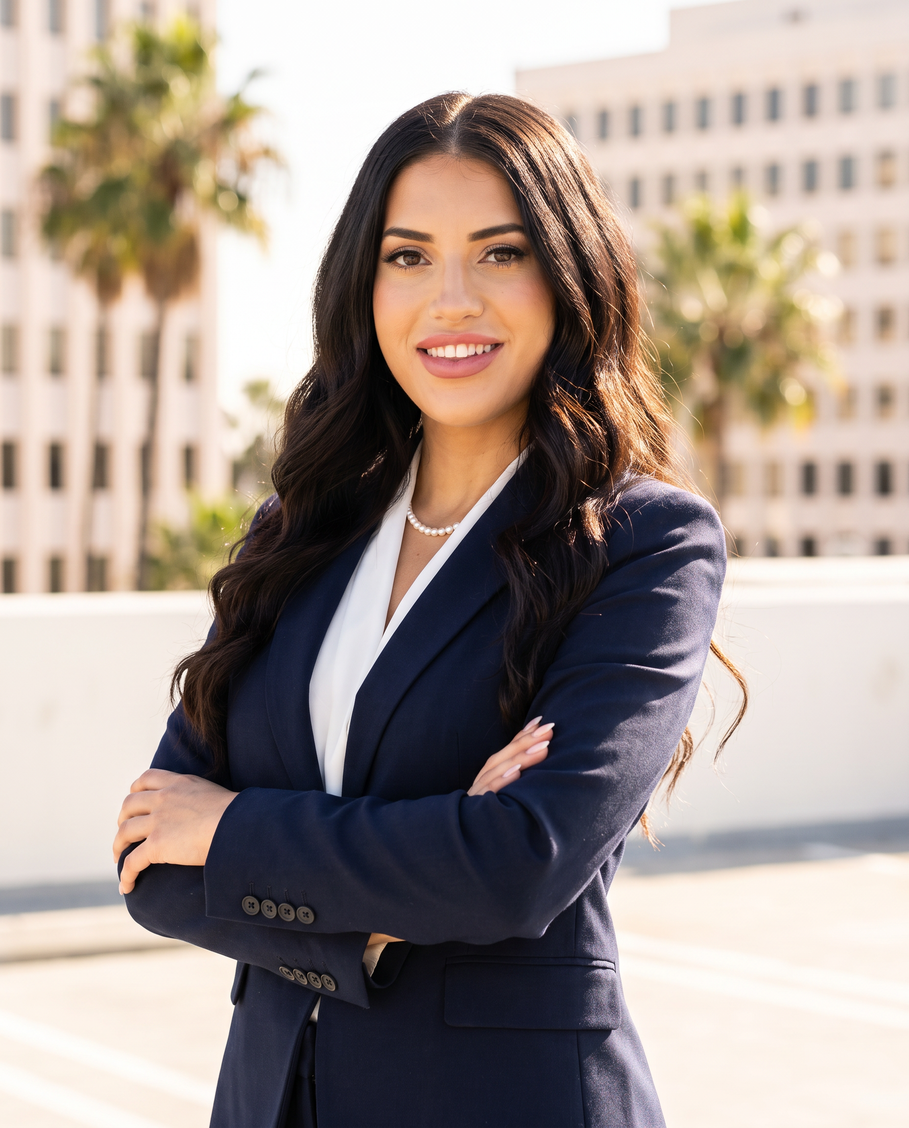 Shannon Merabi, Esq., on the rooftop terrace of her Beverly Hills office building