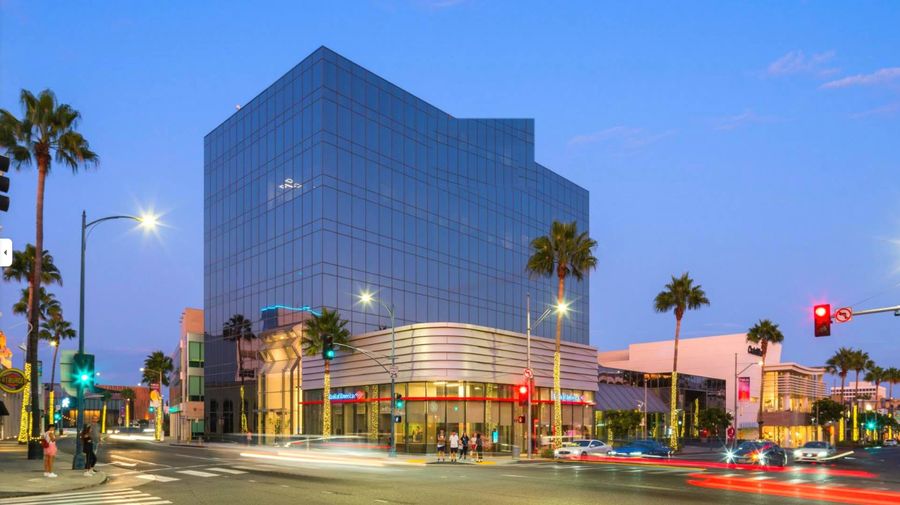 The office tower on Santa Monica Boulevard at dusk